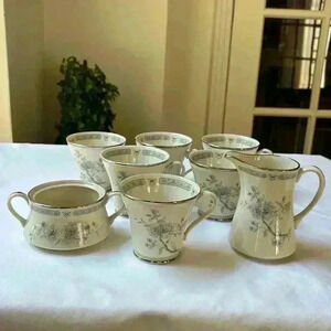 Gorham China Pattern “Peonies” 6 Footed Cups 1 Creamer And 1 Sugar Bowl W/O Lid